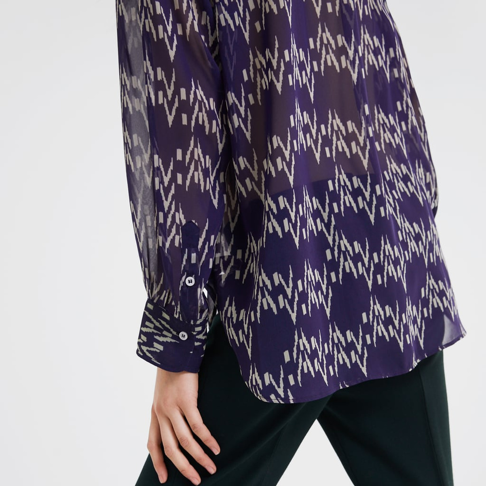 New ZARA Blouse Semi Sheer Navy Blue Button Shirt - Picture 4 of 5